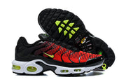 Nike Air Max Plus sneakers shown from the side and outsole, with yellow-green outsole details.