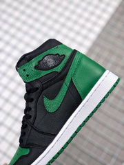 Angled close-up showing the green ankle panel, black upper, green Swoosh, and white midsole.