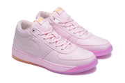 Pair of pink lace-up sneakers shown from a front three-quarter view.