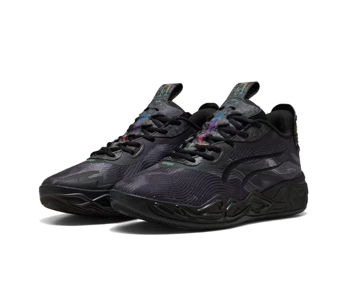 Pair of black Nike sneakers with dark patterned detailing and multicolored tongue accents.
