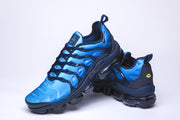 Pair of blue and black Nike Air VaporMax Plus sneakers, angled view.