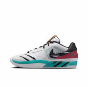 Side view of a white low-top basketball sneaker with black and turquoise accents and a burgundy heel panel.