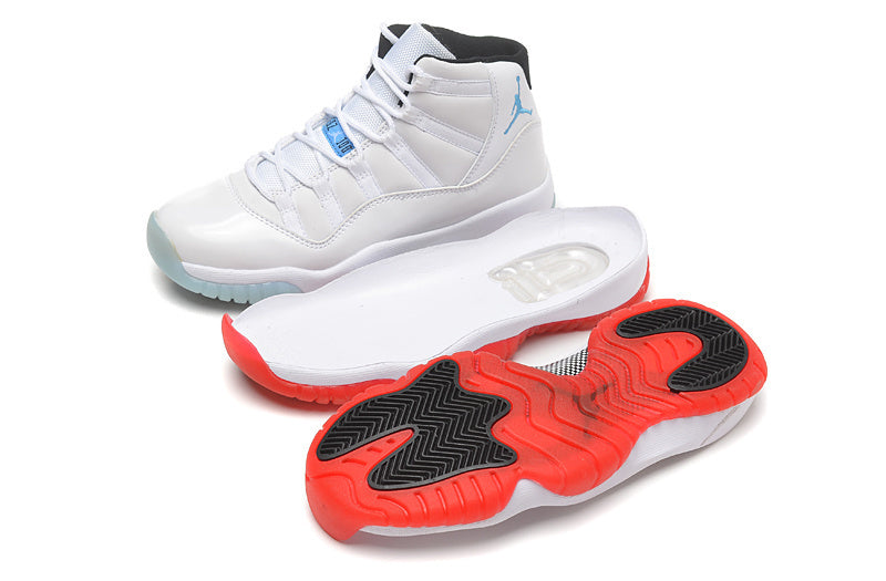 White high-top Jordan sneakers with light blue outsole and red outsole detail shown from several angles.