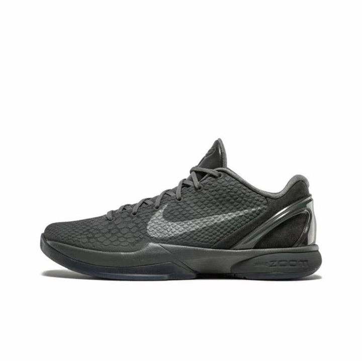 Black Kobe 6-style basketball sneaker with a textured upper, tonal Swoosh, and black sole.