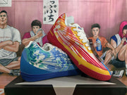 Pair of mismatched Converse basketball shoes, showing the blue shoe beside the red and yellow shoe.