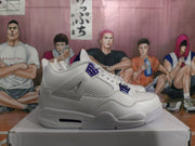 Side profile of a white high-top sneaker with purple accents and a rubber outsole