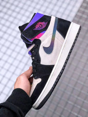 Side view of a black, white and purple high-top Jordan sneaker with an iridescent Swoosh.