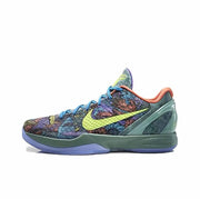 Multicolor Kobe 6 sneaker with a lime Swoosh, blue-purple outsole, and coral collar lining.