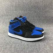 Pair of black and blue high-top sneakers shown from a front three-quarter angle.