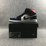 Side view of a sneaker placed on its box; the box label visibly shows Air Jordan 1 Mid SE, US 8.5, CM 26.5, EU 42, and style code 852542-005.