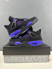 Pair of black and purple-blue Jordan Air Jordan 4 sneakers arranged one above the other.