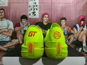 Rear view showing contrasting heel logos and details on neon-green shoes