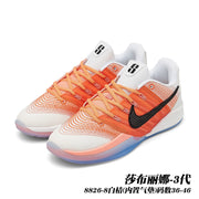 White and orange Sabrina 3 basketball shoes with black Swoosh and translucent blue-pink outsole; caption gives style code 8826-8 and sizes 36–46.