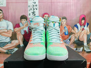 Front view of multicolor high-top basketball shoes with patterned laces