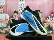 Basketball shoes displayed together, showing blue side panels, black uppers, bright volt accents, and white soles.