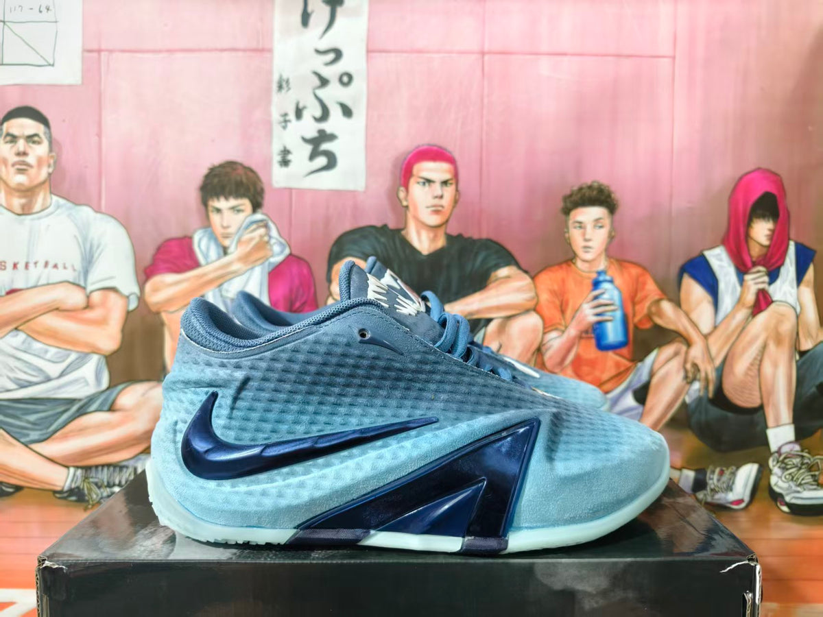 Side view of blue and white Nike LeBron basketball shoes with dark blue Swoosh details.