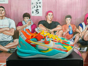 Side profile of a multicolor basketball sneaker with a visible Nike swoosh, turquoise midsole, and yellow laces.