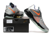 Silver-gray Nike KD 4 shoes beside a box; the visible box label shows sample sizes 8.5 and 10.