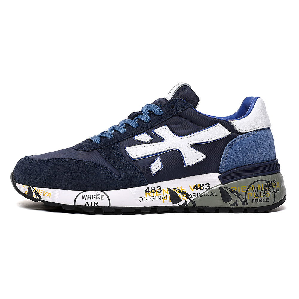 Navy and white Premiata Lander low-top sneaker with blue laces and a graphic-print midsole