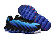 Blue and black sneakers shown with the translucent blue outsole facing up.