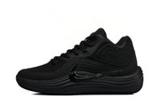 Single black Nike sneaker shown in side profile with tonal swoosh branding.
