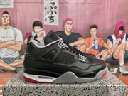 Side profile of a black high-top sneaker with grey accents, textured side panels, a white midsole section, and a red outsole.