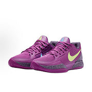 Purple Nike basketball sneakers with a lime-green Swoosh and textured outsole.