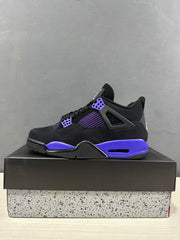 Clean lateral view of the black and purple-blue Jordan Air Jordan 4 sneaker.