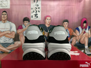 Rear view of PUMA sneakers showing gray heel tabs, black panels and white sculpted soles