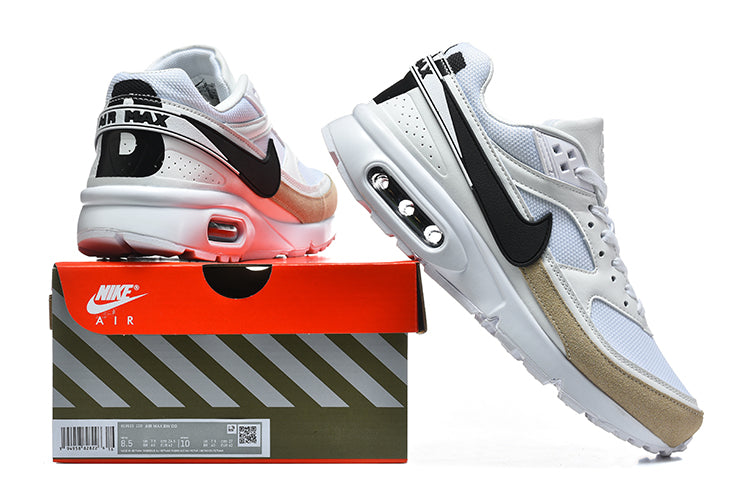 Nike Air Max BW sneakers beside a Nike Air box, showing the white, black, and beige colorway and visible midsole window
