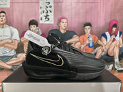 Side view of a black Nike KD sneaker showing the Swoosh, ribbed upper panels, and textured outsole.