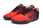 Red and black pair of Kobe 11 basketball sneakers shown from a front three-quarter angle.