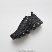 Black Nike Air VaporMax Plus sneaker pictured above text listing model, style code, and sizes.