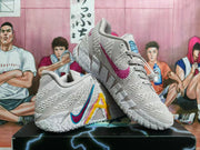 Angled view of the textured shoes and multicolor side graphics