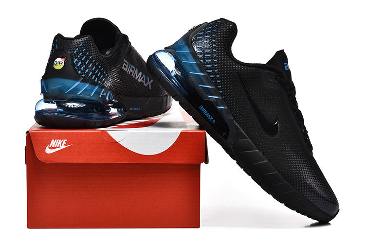 Black and blue Nike Air Max sneakers displayed on a red shoebox.