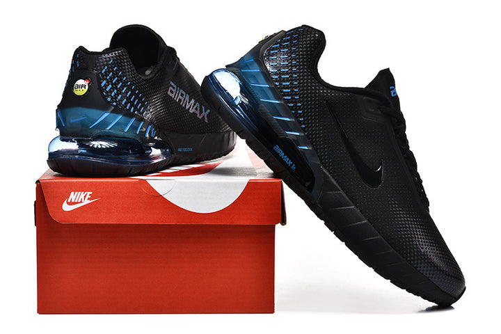 Black and blue Nike Air Max sneakers displayed on a red shoebox.