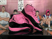 Angled product view showing both pink and black high-top sneakers, side logos, glossy overlays, and contrasting soles.