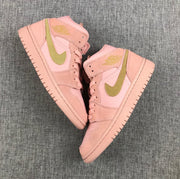 Top-down view of a pair of pink Jordan sneakers with olive-green Swoosh details.