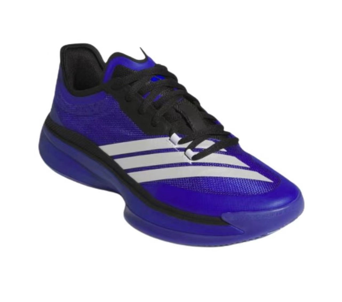 Blue and black low-top sneaker with contrasting light stripes, black laces, and a blue outsole on a white background.