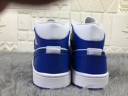 Rear view of the pair showing blue heel panels, white ankle collars, and white midsoles.