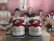 Rear view of white sneakers showing red heel panels, Nike branding, and blue outsole accents.