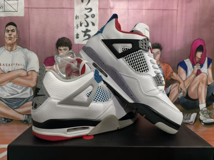 Pair of white Jordan high-top sneakers with blue, red, gray, and black accents, shown at an angle.