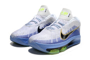 Pair of white and blue Nike GT Hustle 3 shoes shown from a front three-quarter angle.