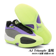Purple, lime, black, and gray Jordan AJ Triangle shoes shown with the outsole; image text lists sizes 40–46.