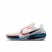 White GT Cut 1 sneaker with a black Swoosh, pink upper accents and blue and black midsole details.