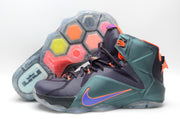 High-top basketball sneakers shown with the translucent outsole facing upward, revealing multicolor hexagonal sections.