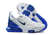 White and blue Nike Air Max 270 Premium sneakers showing the outsole and side profile.