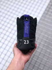 Rear view showing the purple heel pull tab, Jordan branding, and raised number 23 detail.