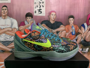 Side profile of a Nike Zoom sneaker showing the neon green Swoosh, illustrated upper, green-gray midsole, and translucent outsole.