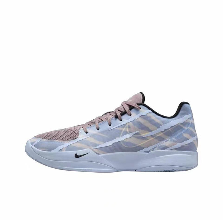 Gray and translucent Nike Ja 2 basketball sneaker with mauve laces and layered side detailing.